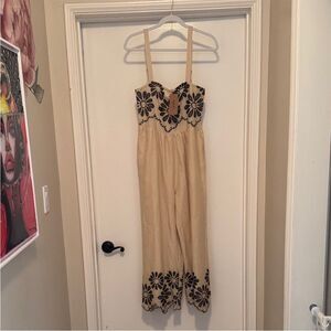NWT NAOO Chic Beige Jumpsuit with Black Embroidery size L